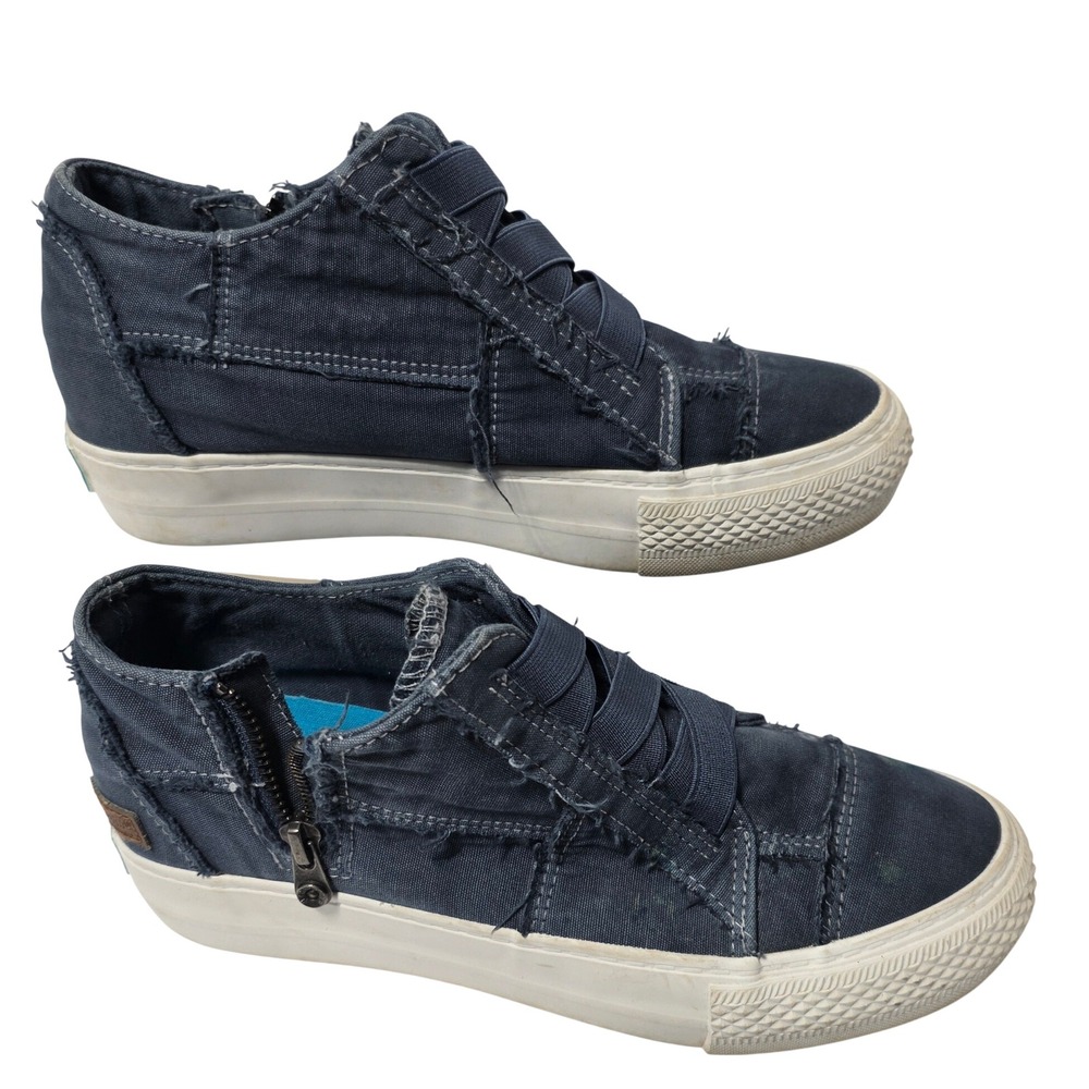 Blowfish Malibu Womens Navy Distressed Canvas Platform Slip On Sneakers Zip Sz 9